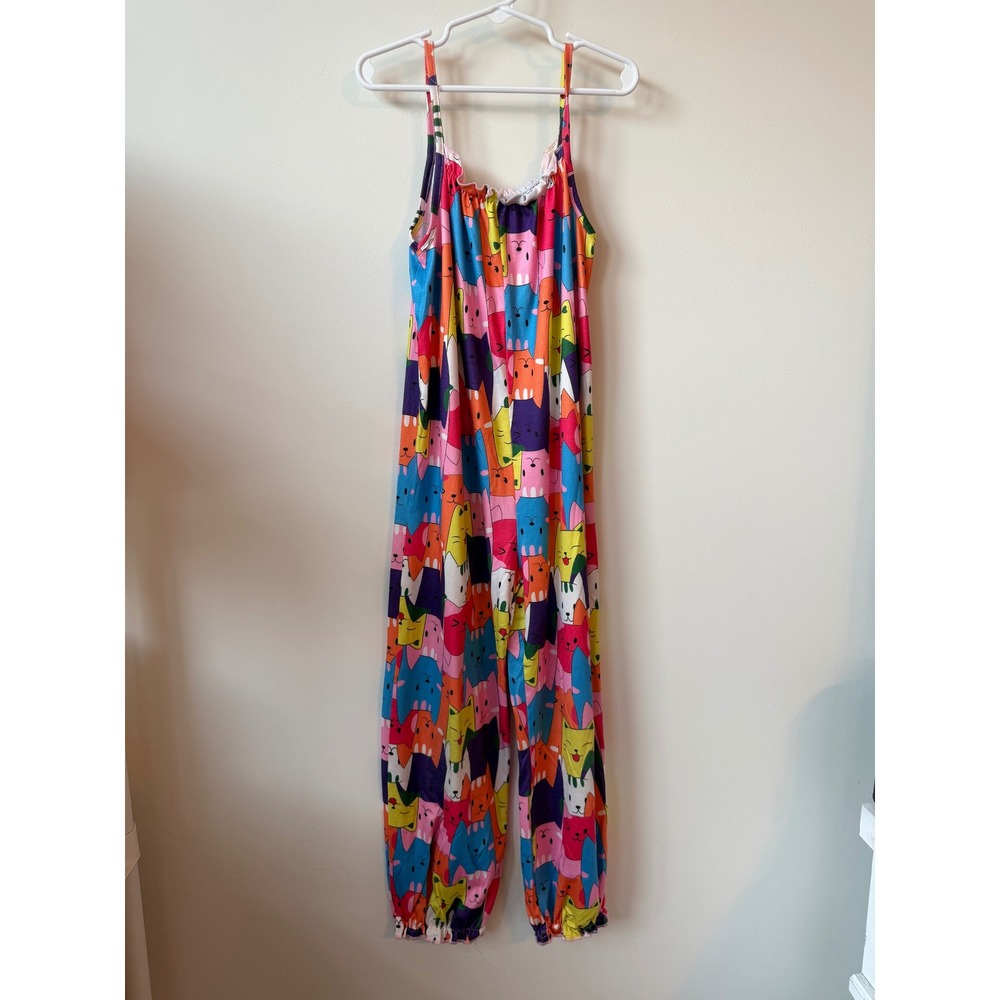 Kids Colorful All Over Cat Print Spaghetti Strap Jumpsuit Size 130 Rainbow